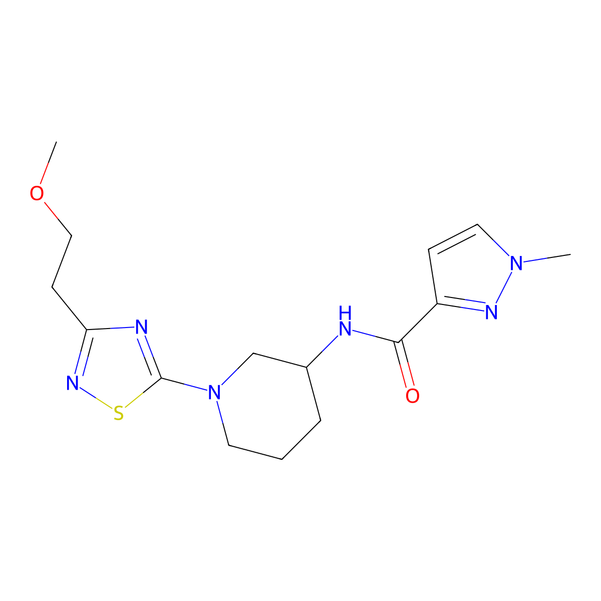 N-{1-[3-(2-methoxyethyl)-1,2,4-thiadiazol-5-yl]piperidin-3-yl}-1-methyl-1H-pyrazole-3-carboxamide molecular structure, CAS 3054603-03-8