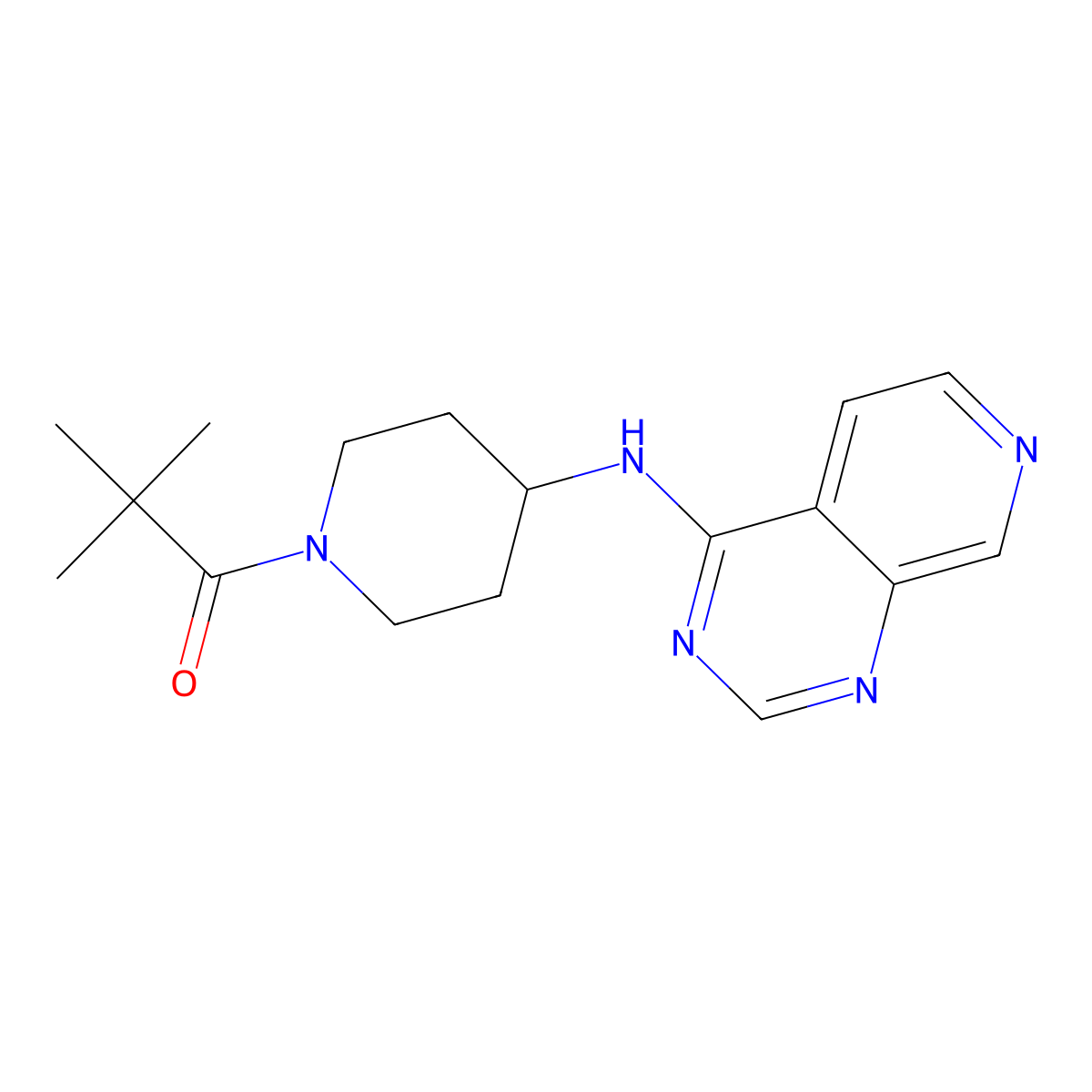 2,2-Dimethyl-1-[4-({pyrido[3,4-d]pyrimidin-4-yl}amino)piperidin-1-yl]propan-1-one molecular structure, CAS 3054603-06-1