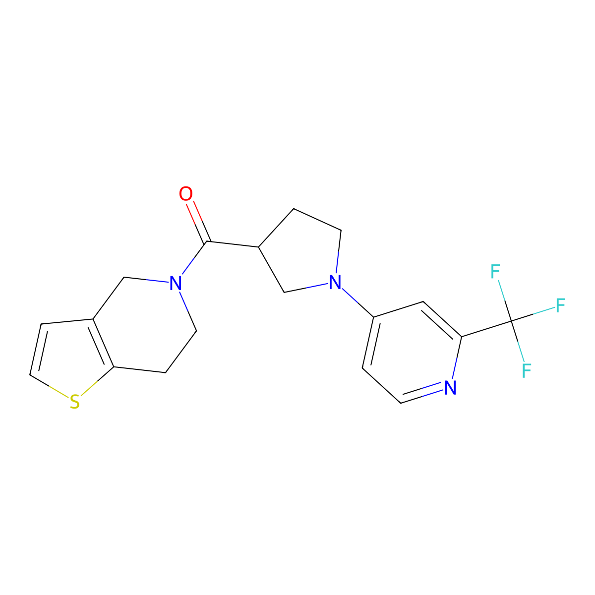 4-(3-{4H,5H,6H,7H-thieno[3,2-c]pyridine-5-carbonyl}pyrrolidin-1-yl)-2-(trifluoromethyl)pyridine molecular structure, CAS 3054603-11-8