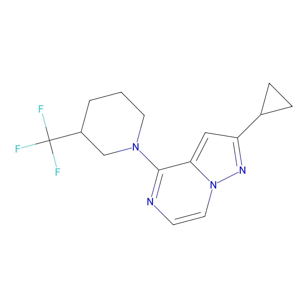 1-{2-Cyclopropylpyrazolo[1,5-a]pyrazin-4-yl}-3-(trifluoromethyl)piperidine molecular structure, CAS 3054603-14-1