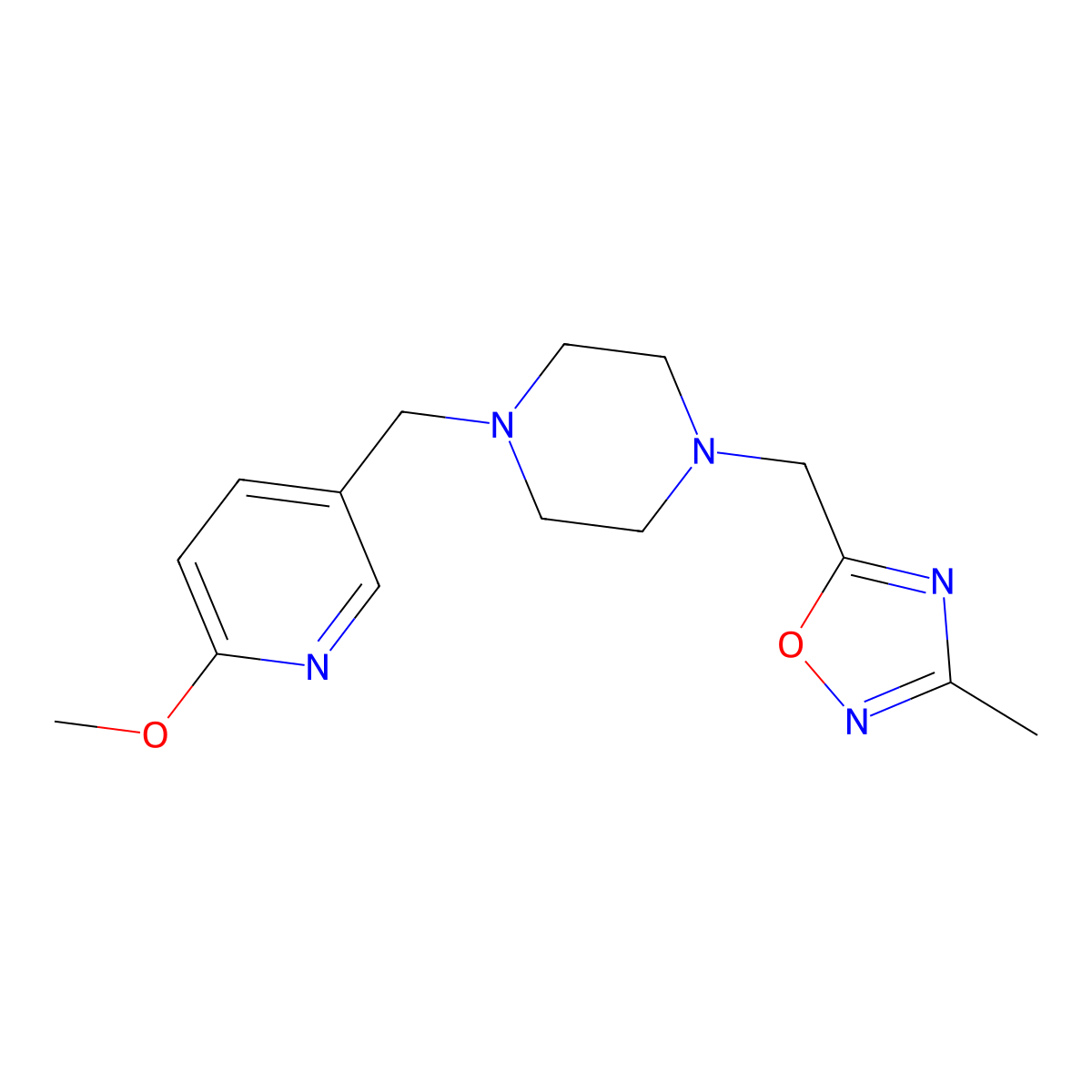 1-[(6-Methoxypyridin-3-yl)methyl]-4-[(3-methyl-1,2,4-oxadiazol-5-yl)methyl]piperazine molecular structure, CAS 3054603-19-6