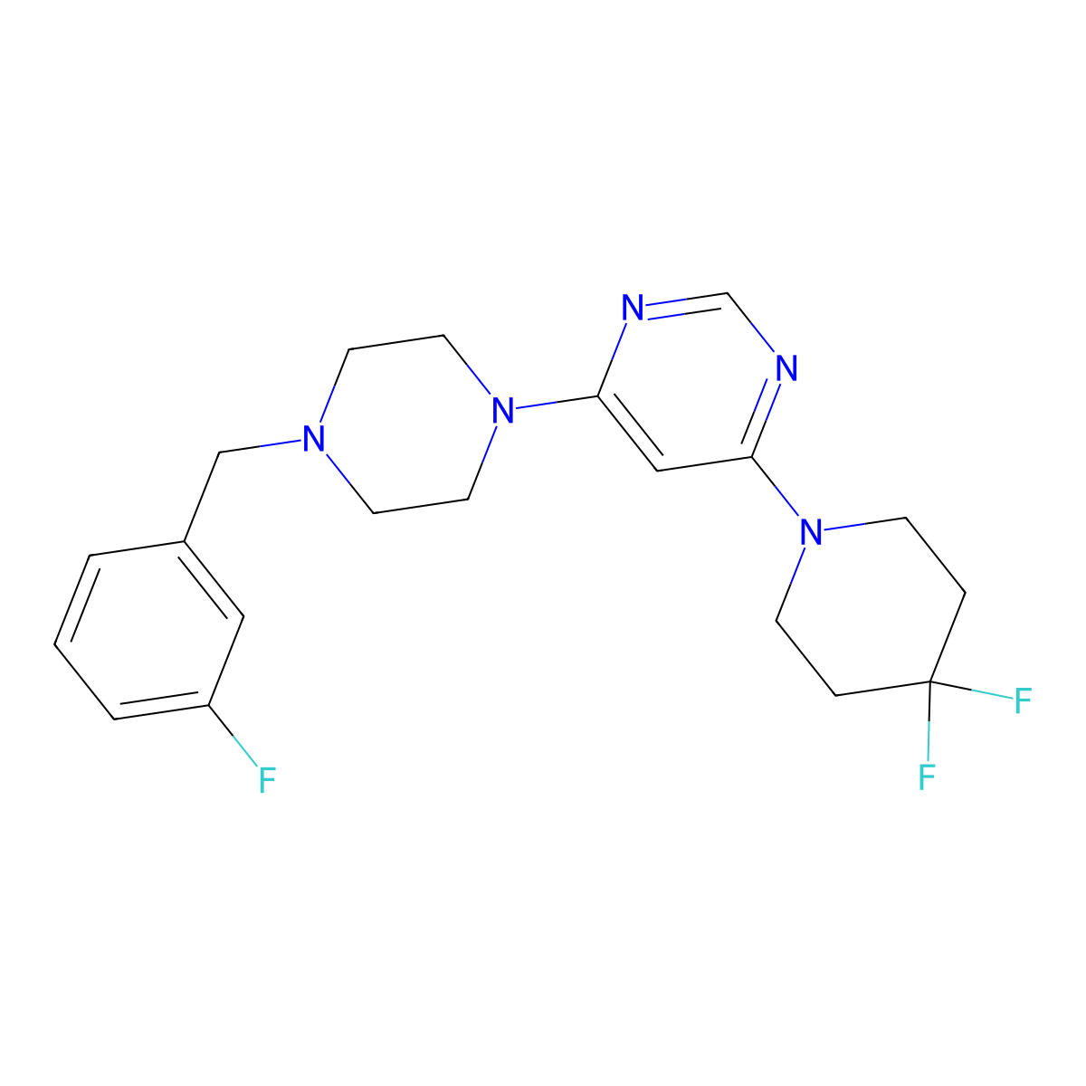 4-(4,4-Difluoropiperidin-1-yl)-6-{4-[(3-fluorophenyl)methyl]piperazin-1-yl}pyrimidine molecular structure, CAS 3054603-24-3