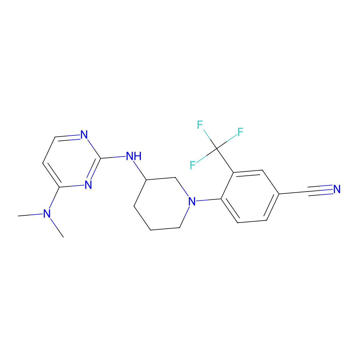 4-(3-{[4-(Dimethylamino)pyrimidin-2-yl]amino}piperidin-1-yl)-3-(trifluoromethyl)benzonitrile molecular structure, CAS 3054603-29-8