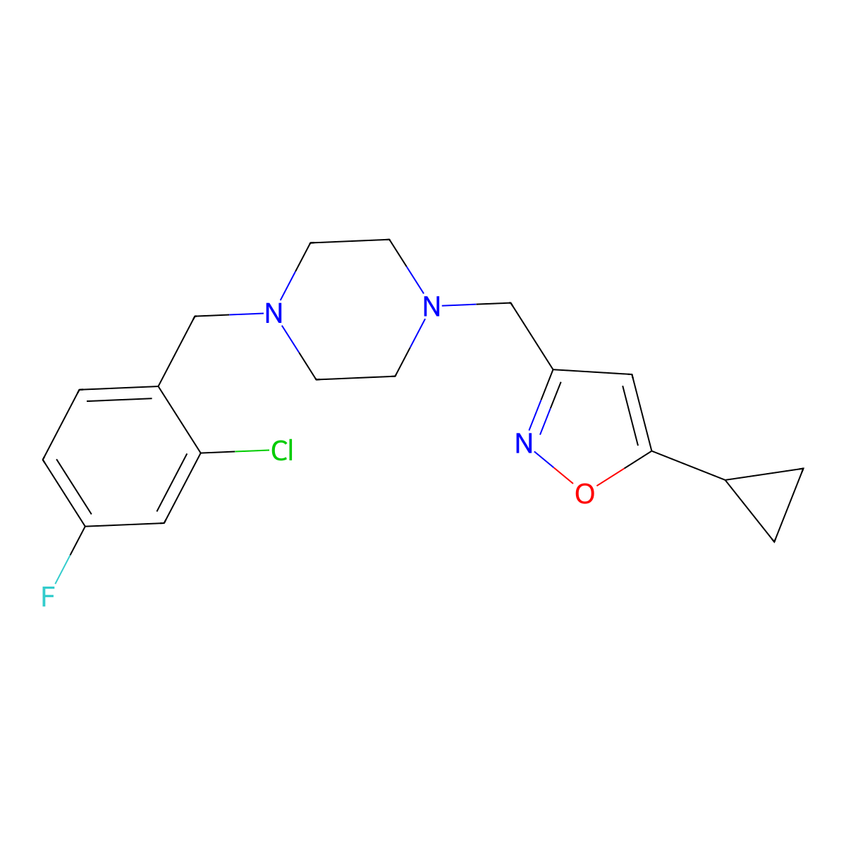 1-[(2-Chloro-4-fluorophenyl)methyl]-4-[(5-cyclopropyl-1,2-oxazol-3-yl)methyl]piperazine molecular structure, CAS 3054603-34-5