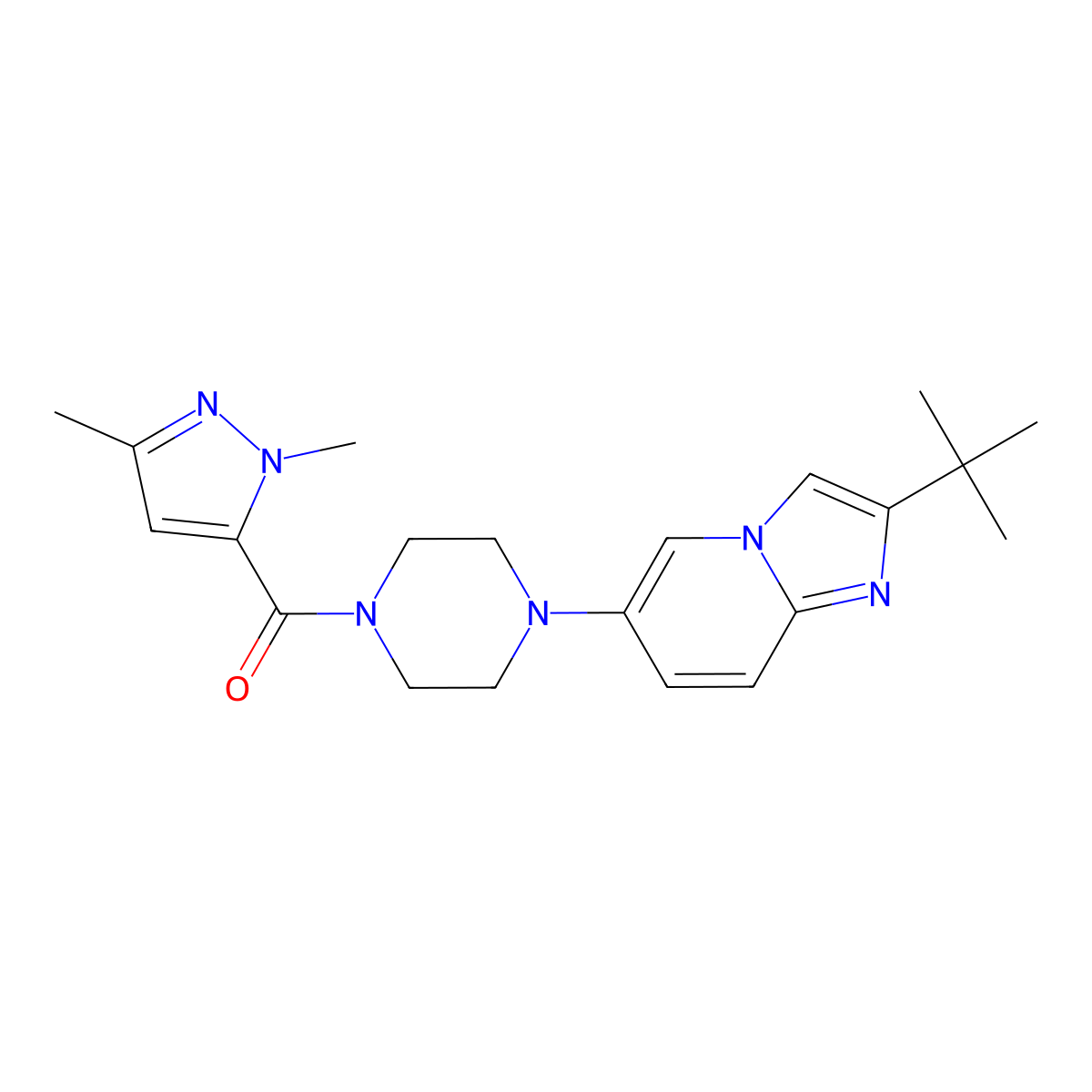 1-{2-tert-butylimidazo[1,2-a]pyridin-6-yl}-4-(1,3-dimethyl-1H-pyrazole-5-carbonyl)piperazine molecular structure, CAS 3054603-35-6