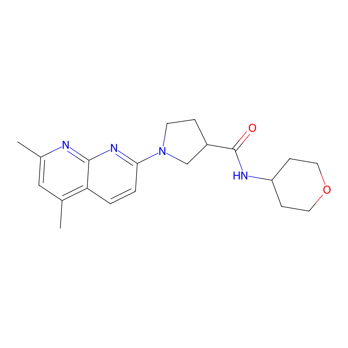 1-(5,7-dimethyl-1,8-naphthyridin-2-yl)-N-(oxan-4-yl)pyrrolidine-3-carboxamide molecular structure, CAS 3054603-45-8
