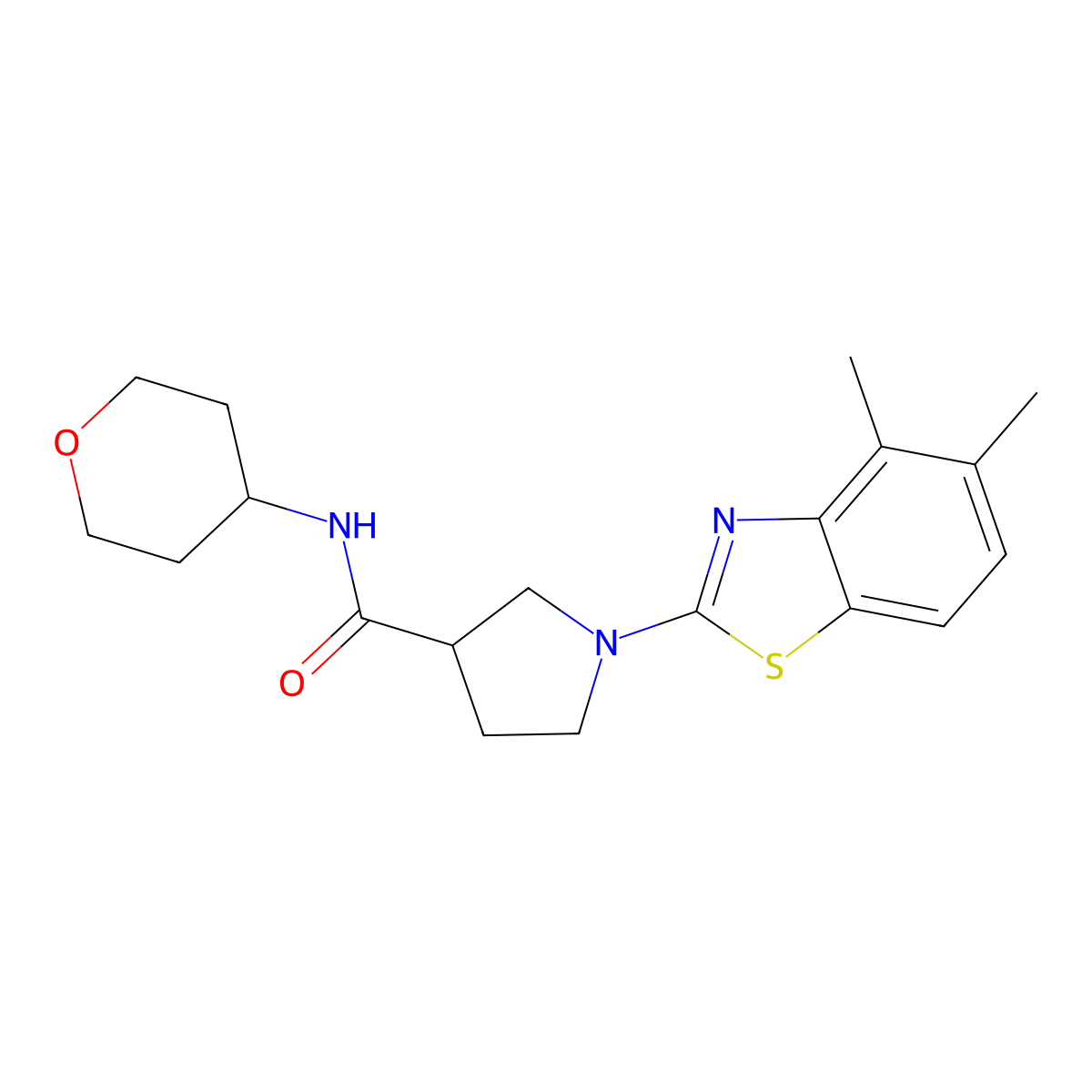 1-(4,5-dimethyl-1,3-benzothiazol-2-yl)-N-(oxan-4-yl)pyrrolidine-3-carboxamide molecular structure, CAS 3054603-51-6