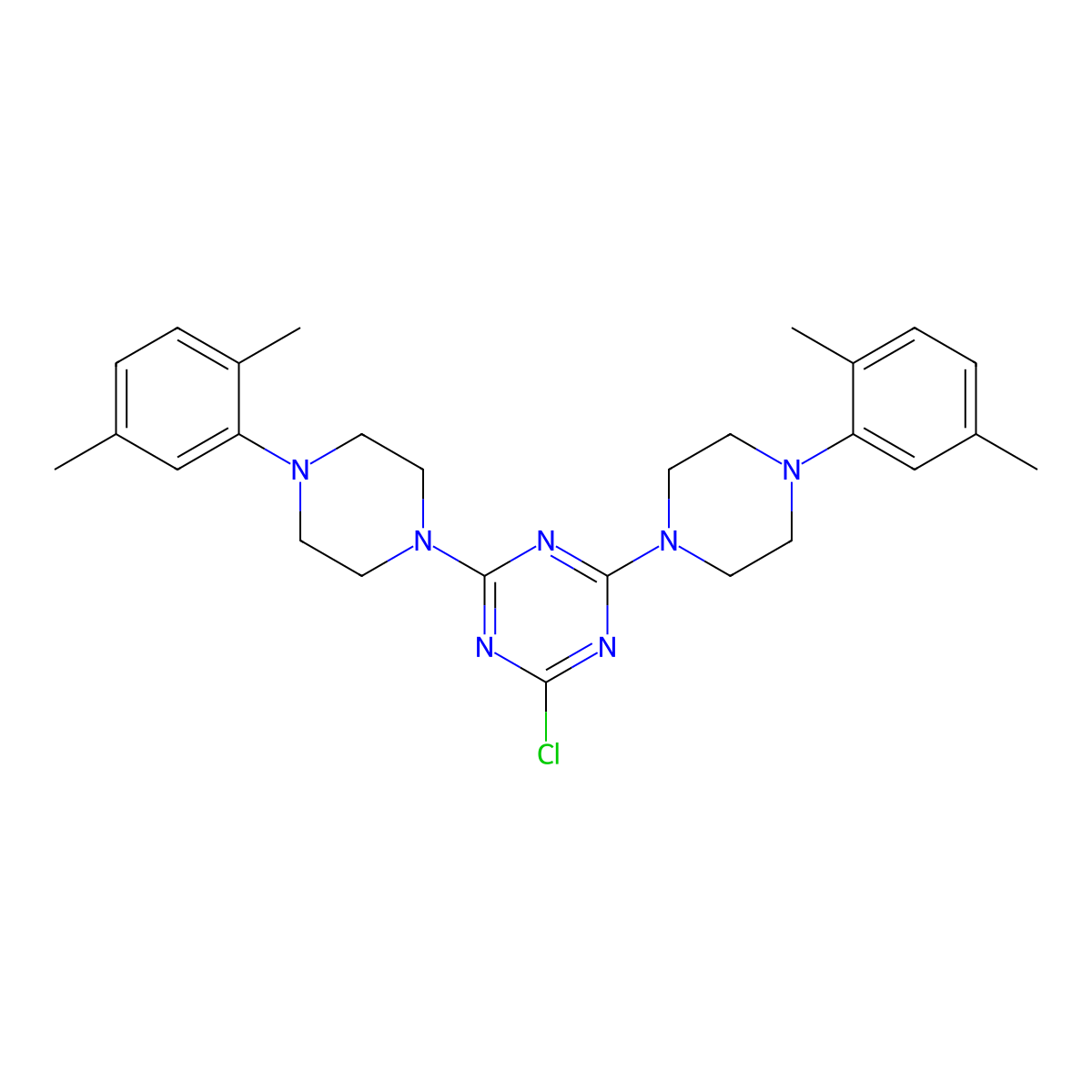 2-Chloro-4,6-bis[4-(2,5-dimethylphenyl)piperazin-1-yl]-1,3,5-triazine molecular structure, CAS 3054603-54-9