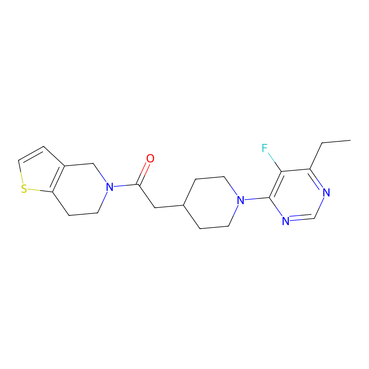 2-[1-(6-ethyl-5-fluoropyrimidin-4-yl)piperidin-4-yl]-1-{4H,5H,6H,7H-thieno[3,2-c]pyridin-5-yl}ethan-1-one molecular structure, CAS 3054603-68-5