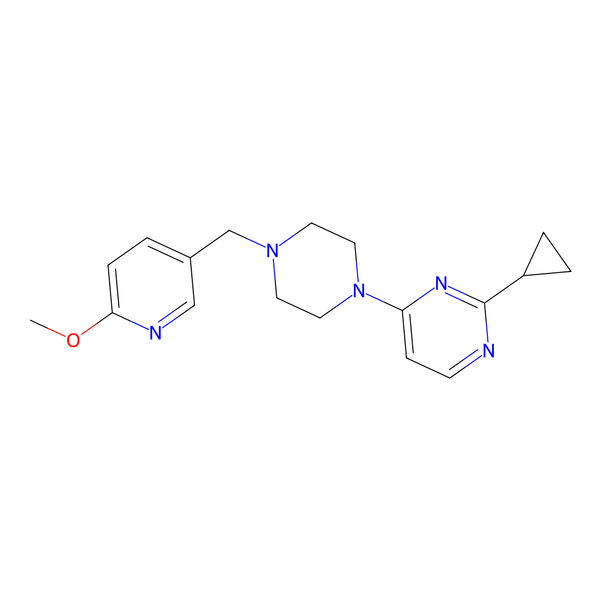 2-Cyclopropyl-4-{4-[(6-methoxypyridin-3-yl)methyl]piperazin-1-yl}pyrimidine molecular structure, CAS 3054603-73-2