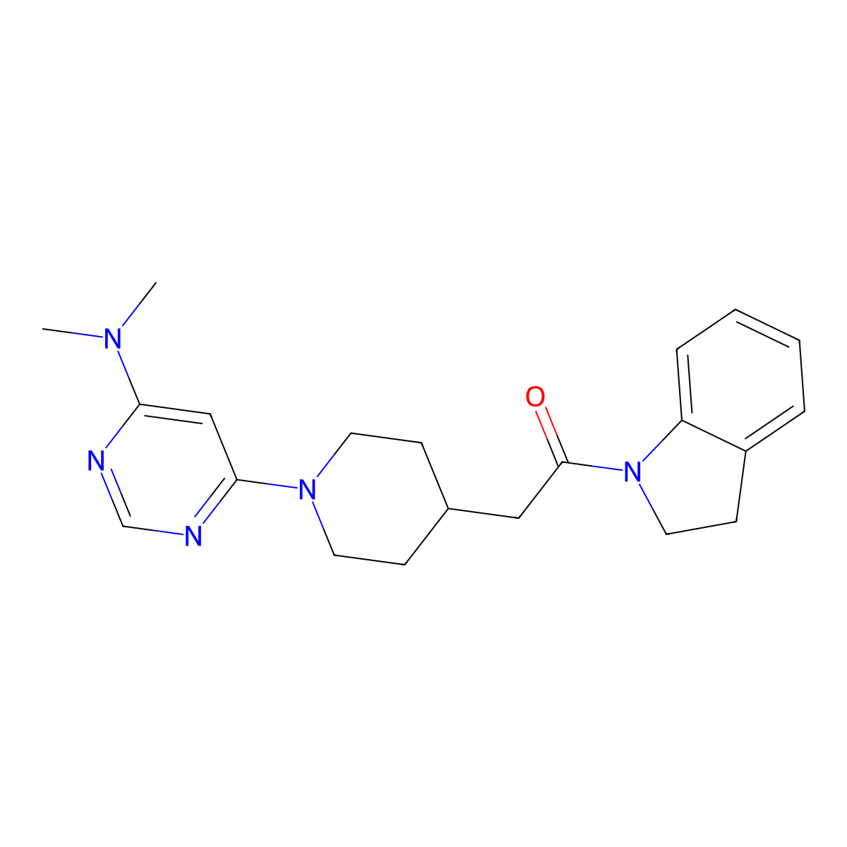 1-(2,3-dihydro-1H-indol-1-yl)-2-{1-[6-(dimethylamino)pyrimidin-4-yl]piperidin-4-yl}ethan-1-one molecular structure, CAS 3054603-76-5