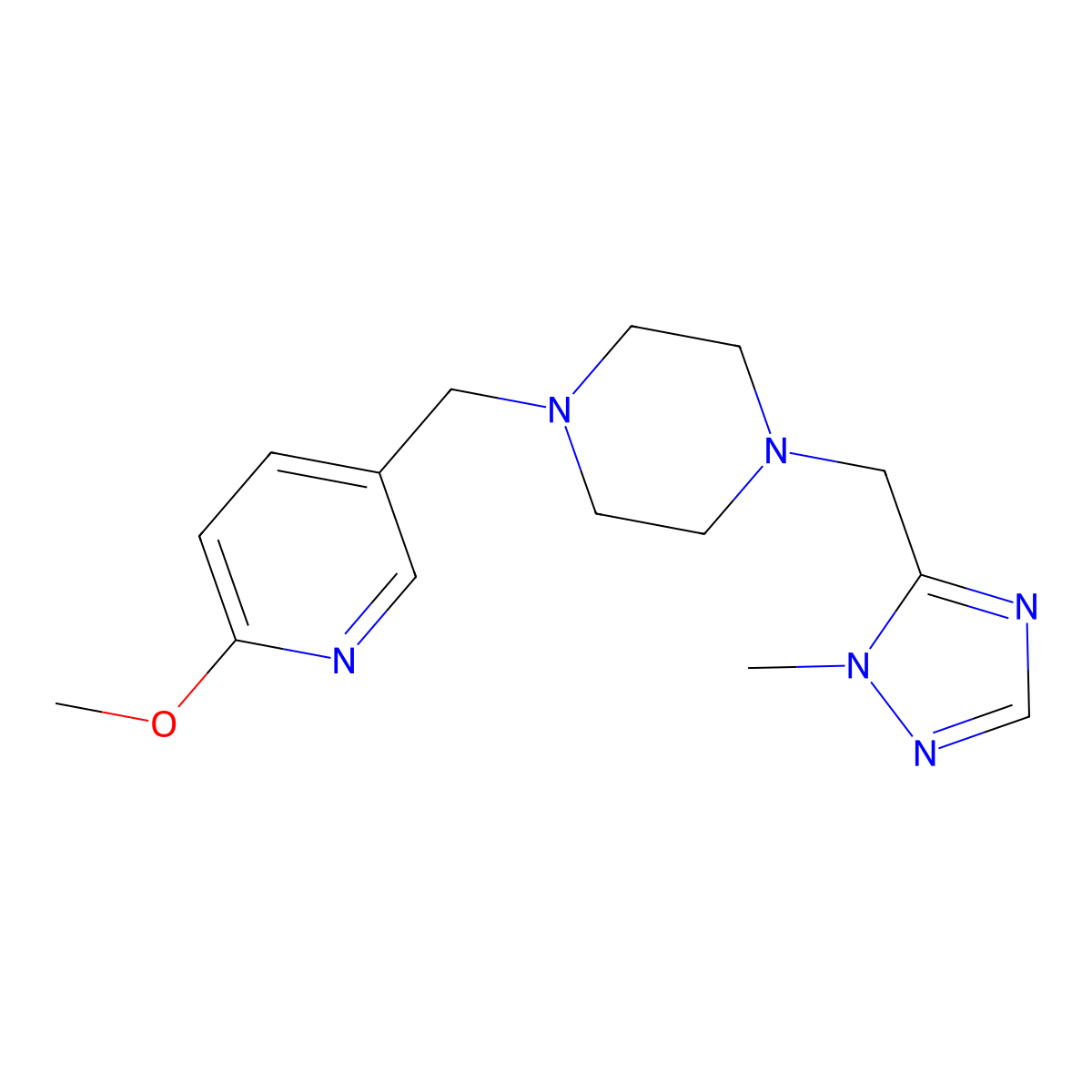 1-[(6-methoxypyridin-3-yl)methyl]-4-[(1-methyl-1H-1,2,4-triazol-5-yl)methyl]piperazine molecular structure, CAS 3054603-79-8