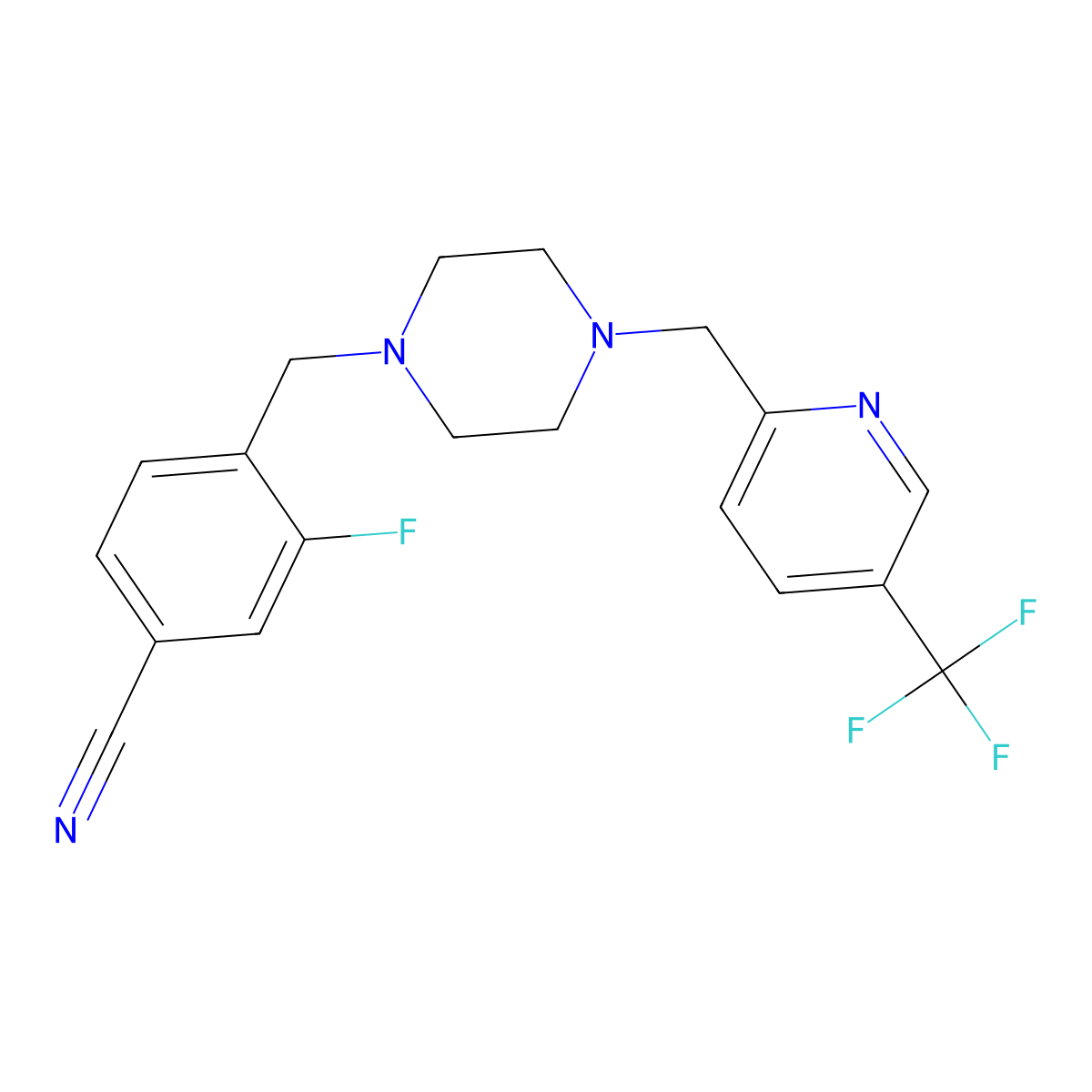 3-Fluoro-4-[(4-{[5-(trifluoromethyl)pyridin-2-yl]methyl}piperazin-1-yl)methyl]benzonitrile molecular structure, CAS 3054603-91-4