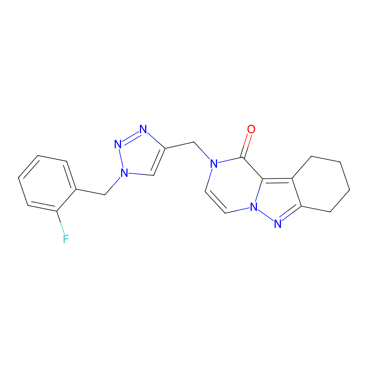 2-[[1-[(2-Fluorophenyl)methyl]triazol-4-yl]methyl]-7,8,9,10-tetrahydropyrazino[1,2-b]indazol-1-one molecular structure, CAS 3054603-94-7