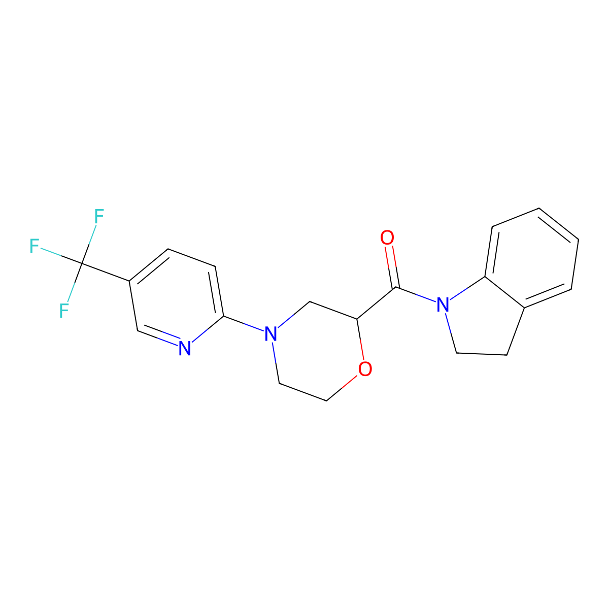 1-{4-[5-(trifluoromethyl)pyridin-2-yl]morpholine-2-carbonyl}-2,3-dihydro-1H-indole molecular structure, CAS 3054604-00-8