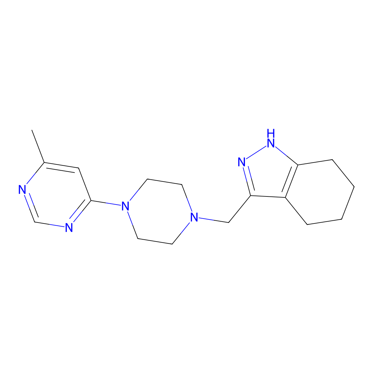3-{[4-(6-methylpyrimidin-4-yl)piperazin-1-yl]methyl}-4,5,6,7-tetrahydro-1H-indazole molecular structure, CAS 3054604-01-9