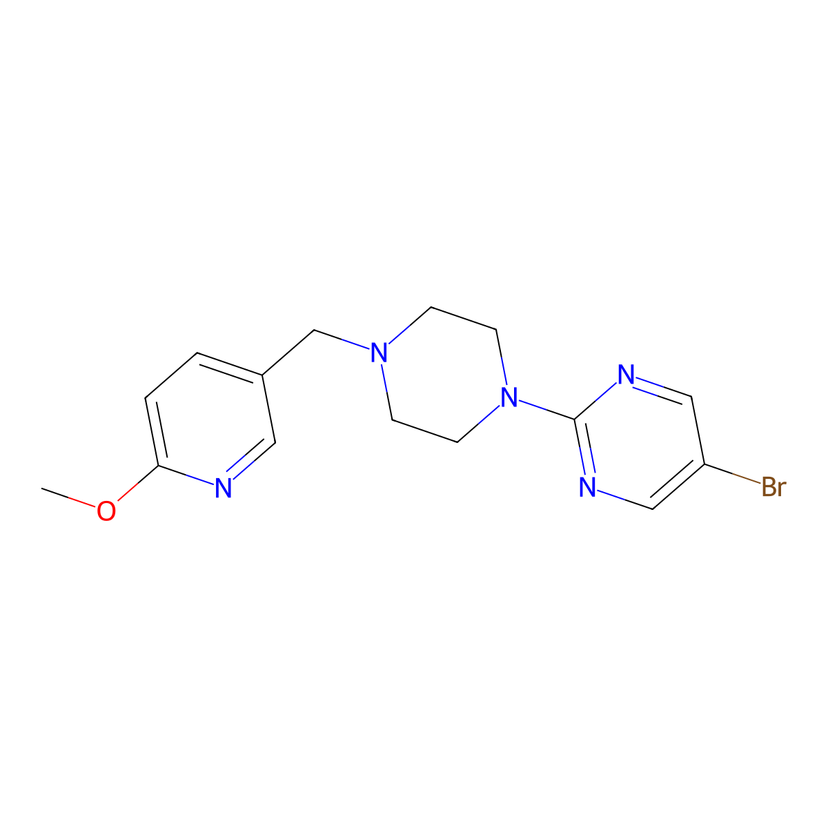 5-Bromo-2-{4-[(6-methoxypyridin-3-yl)methyl]piperazin-1-yl}pyrimidine molecular structure, CAS 3054604-05-3