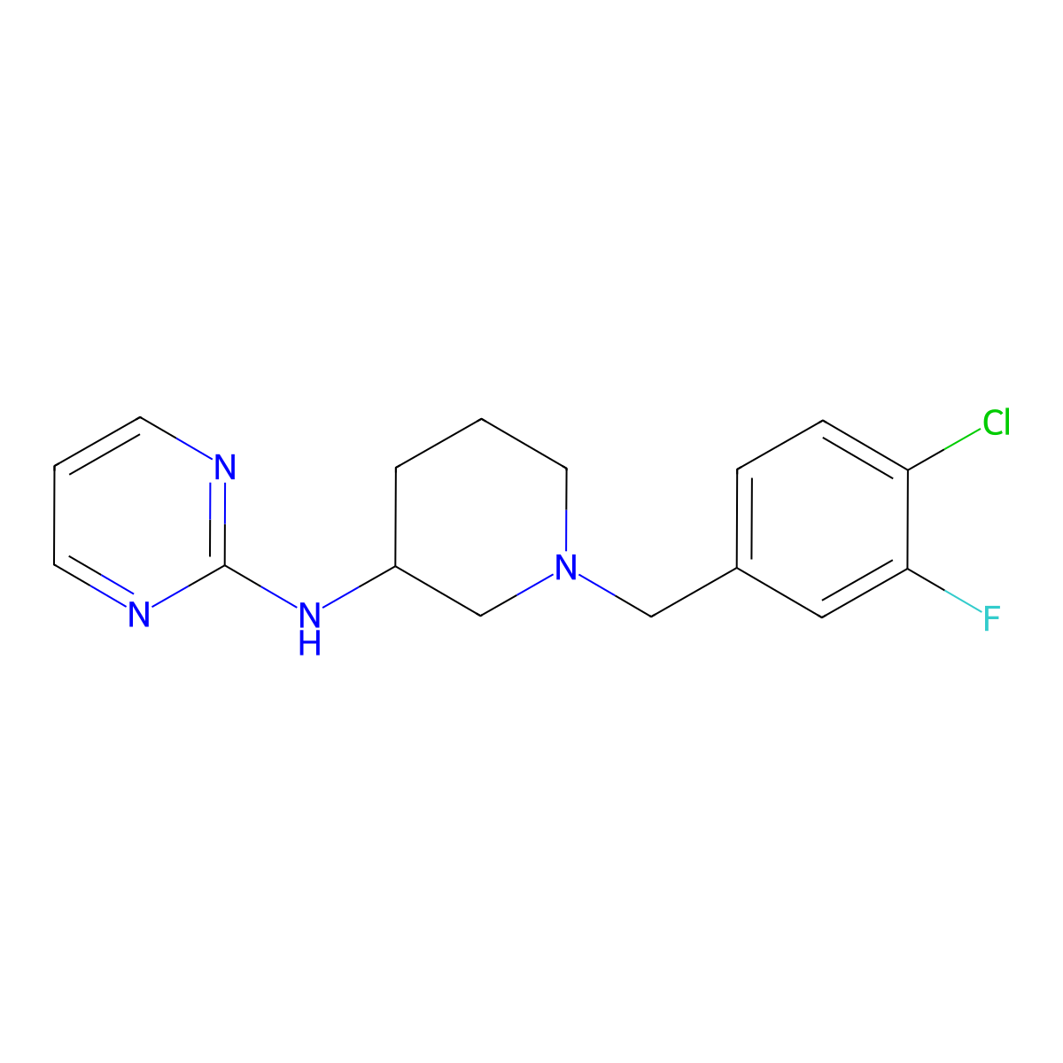 N-{1-[(4-chloro-3-fluorophenyl)methyl]piperidin-3-yl}pyrimidin-2-amine molecular structure, CAS 3054604-06-4