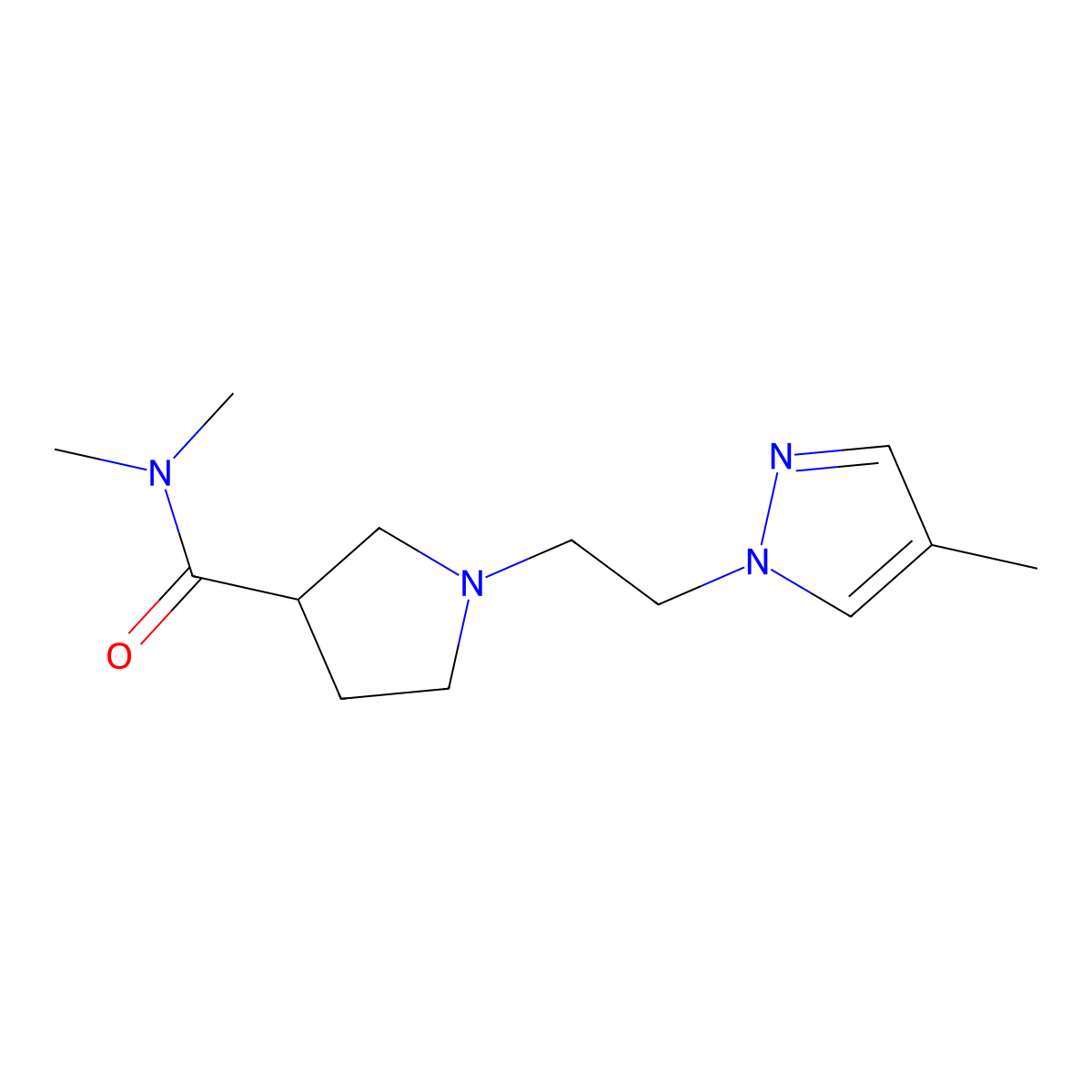 N,N-dimethyl-1-[2-(4-methyl-1H-pyrazol-1-yl)ethyl]pyrrolidine-3-carboxamide molecular structure, CAS 3054604-10-0