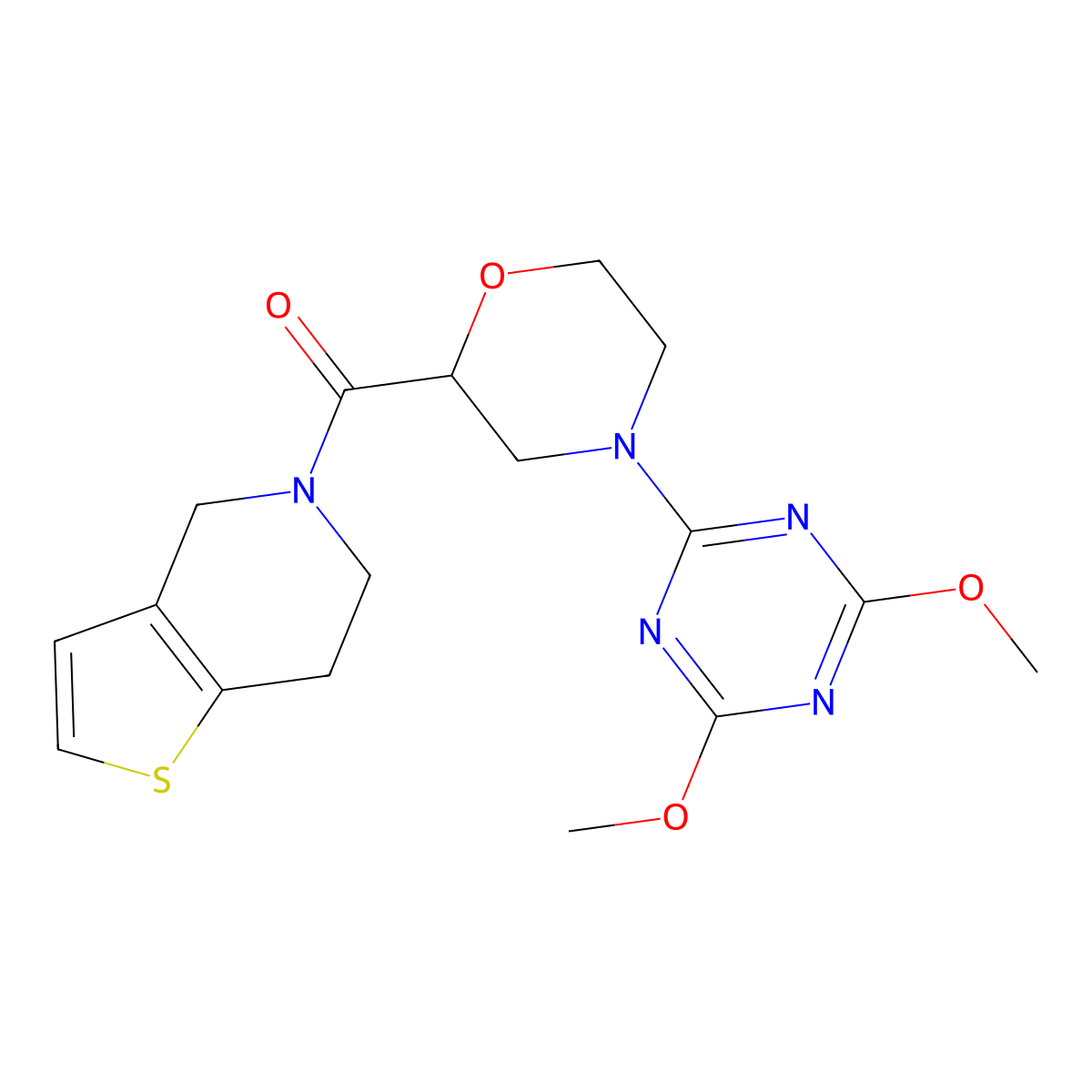 2,4-dimethoxy-6-(2-{4H,5H,6H,7H-thieno[3,2-c]pyridine-5-carbonyl}morpholin-4-yl)-1,3,5-triazine molecular structure, CAS 3054604-13-3