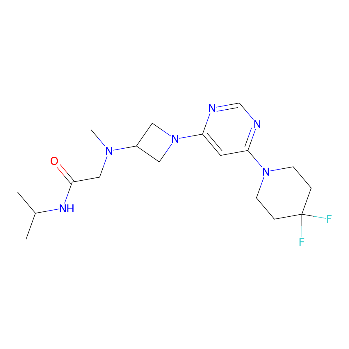 2-[[1-[6-(4,4-difluoropiperidin-1-yl)pyrimidin-4-yl]azetidin-3-yl]-methylamino]-N-propan-2-ylacetamide molecular structure, CAS 3054604-16-6