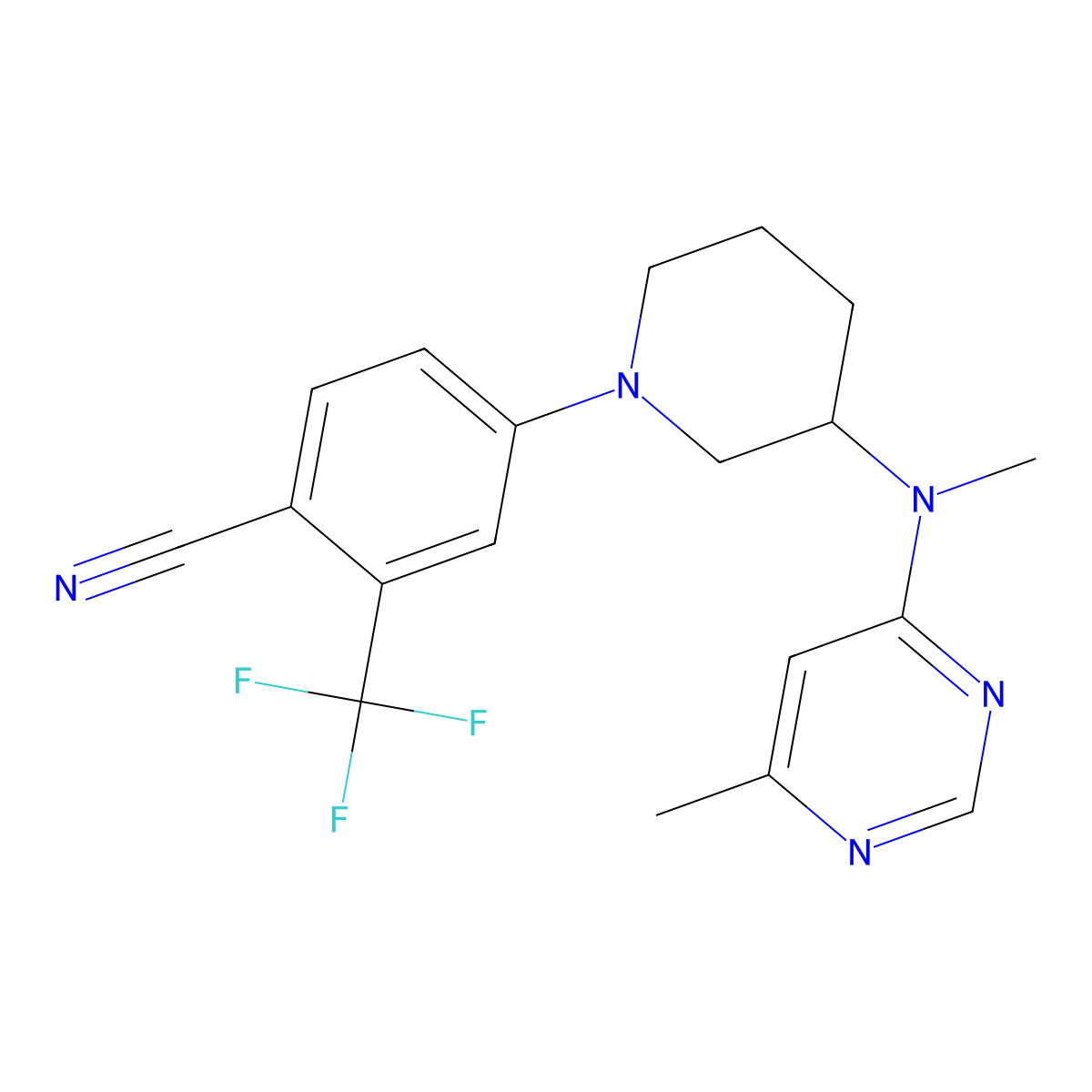 4-{3-[Methyl(6-methylpyrimidin-4-yl)amino]piperidin-1-yl}-2-(trifluoromethyl)benzonitrile molecular structure, CAS 3054604-19-9