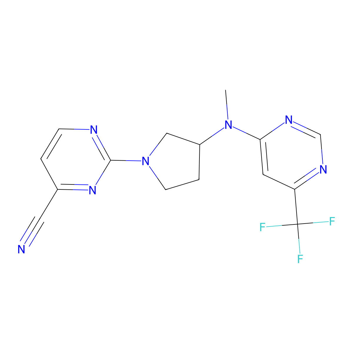 2-(3-{Methyl[6-(trifluoromethyl)pyrimidin-4-yl]amino}pyrrolidin-1-yl)pyrimidine-4-carbonitrile molecular structure, CAS 3054604-36-0