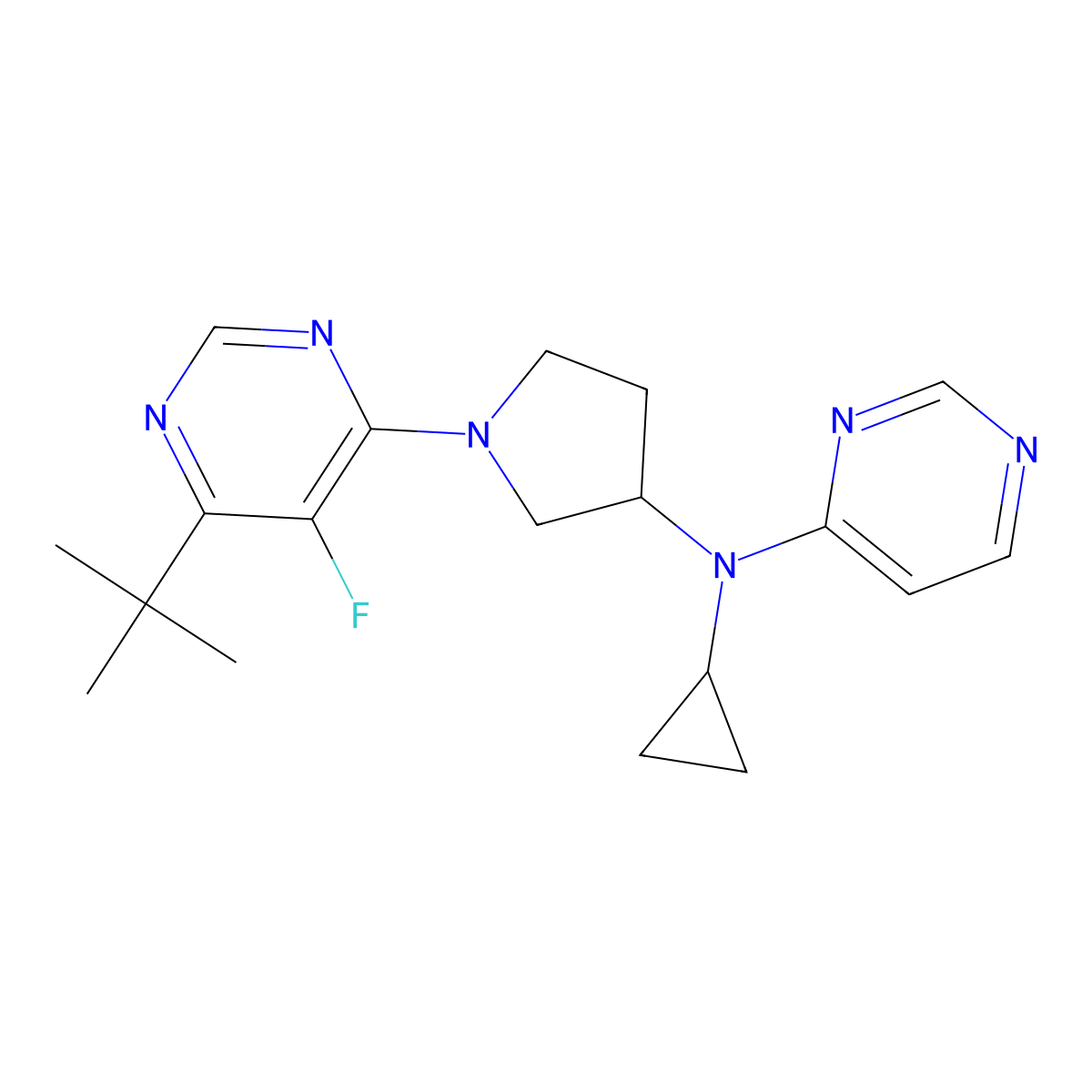 N-[1-(6-tert-butyl-5-fluoropyrimidin-4-yl)pyrrolidin-3-yl]-N-cyclopropylpyrimidin-4-amine molecular structure, CAS 3054604-45-1