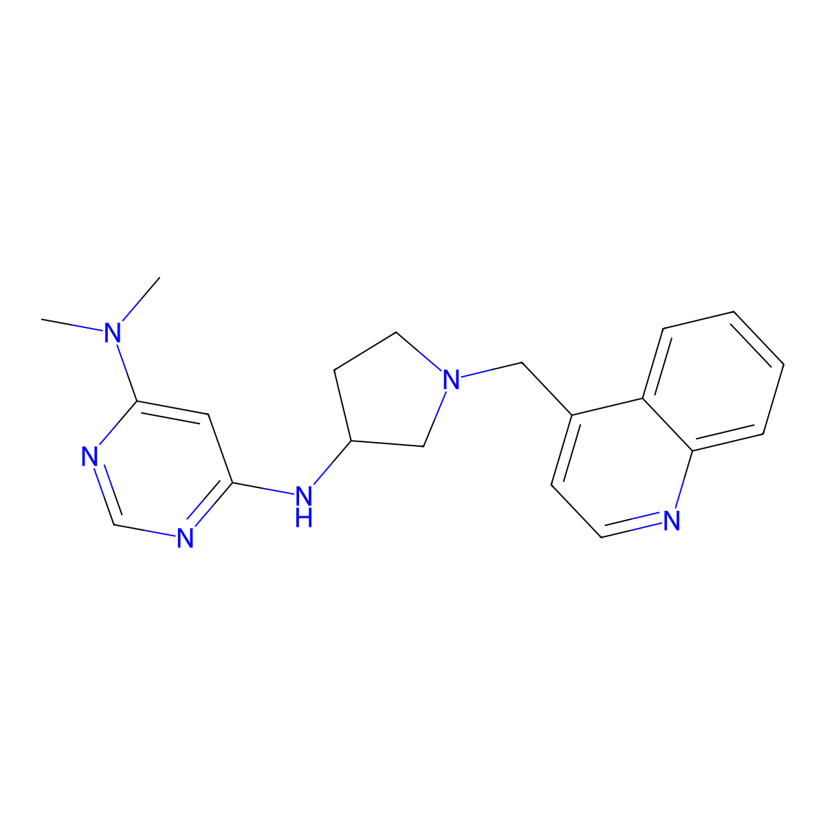 N4,N4-dimethyl-N6-{1-[(quinolin-4-yl)methyl]pyrrolidin-3-yl}pyrimidine-4,6-diamine molecular structure, CAS 3054604-54-2