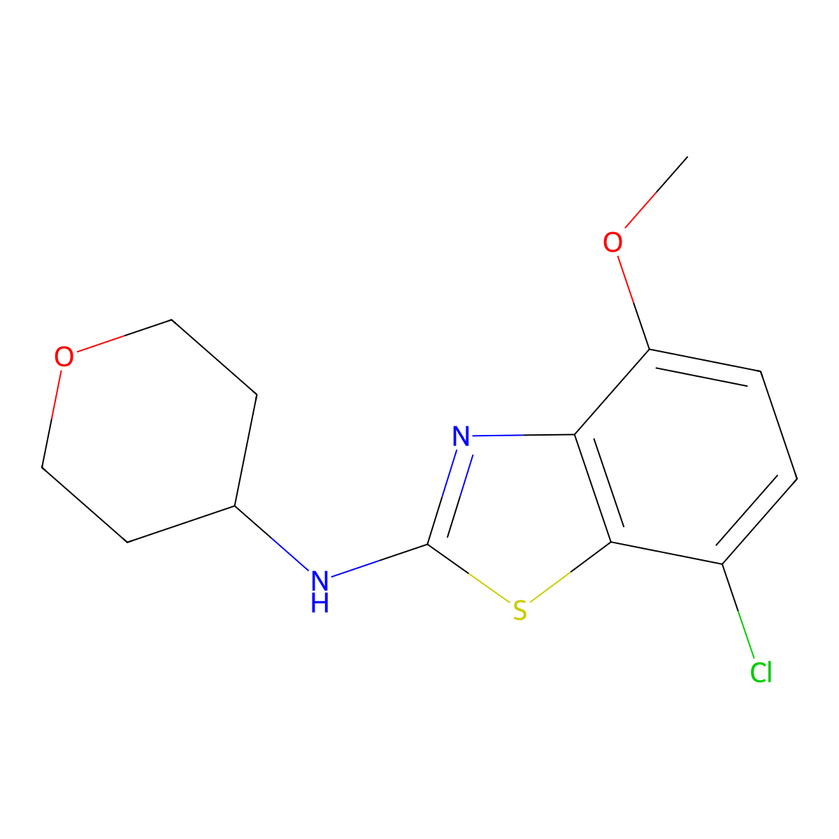 7-chloro-4-methoxy-N-(oxan-4-yl)-1,3-benzothiazol-2-amine molecular structure, CAS 3054604-56-4