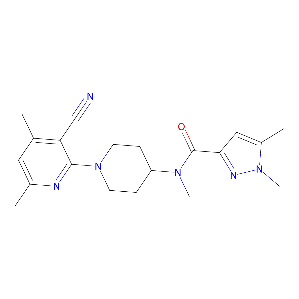 N-[1-(3-cyano-4,6-dimethylpyridin-2-yl)piperidin-4-yl]-N,1,5-trimethyl-1H-pyrazole-3-carboxamide molecular structure, CAS 3054604-59-7