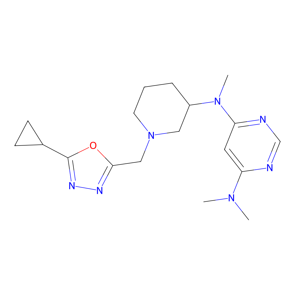 N4-{1-[(5-cyclopropyl-1,3,4-oxadiazol-2-yl)methyl]piperidin-3-yl}-N4,N6,N6-trimethylpyrimidine-4,6-diamine molecular structure, CAS 3054604-61-1
