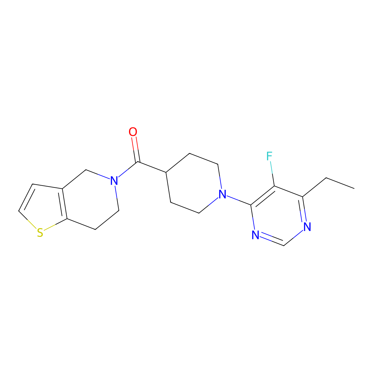 4-ethyl-5-fluoro-6-(4-{4H,5H,6H,7H-thieno[3,2-c]pyridine-5-carbonyl}piperidin-1-yl)pyrimidine molecular structure, CAS 3054604-70-2