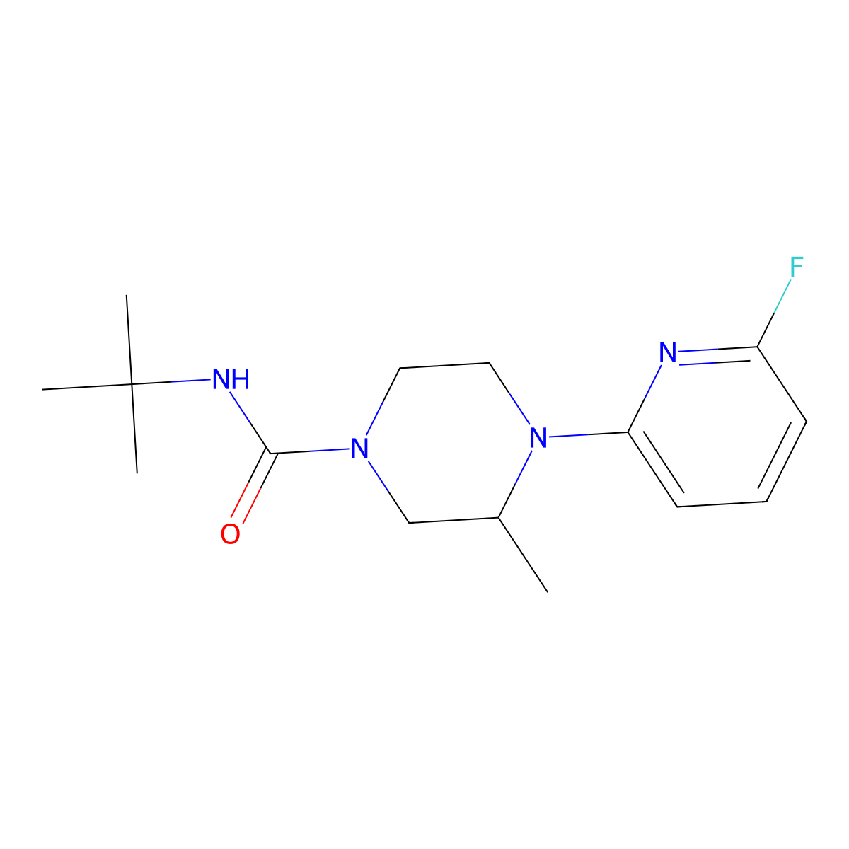 N-tert-butyl-4-(6-fluoropyridin-2-yl)-3-methylpiperazine-1-carboxamide molecular structure, CAS 3054604-75-7