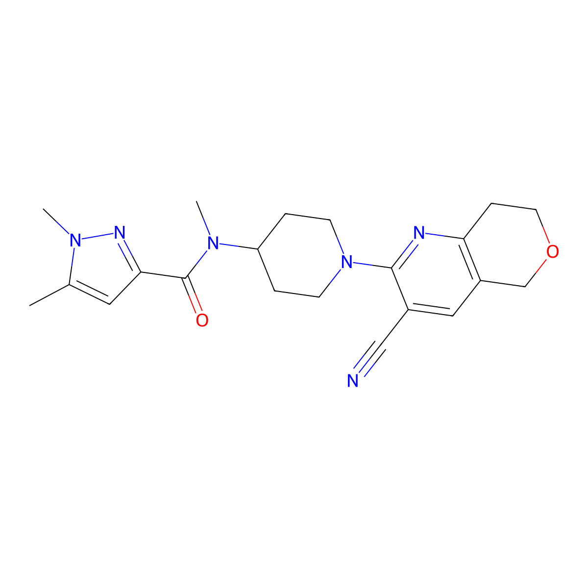 N-(1-{3-cyano-5H,7H,8H-pyrano[4,3-b]pyridin-2-yl}piperidin-4-yl)-N,1,5-trimethyl-1H-pyrazole-3-carboxamide molecular structure, CAS 3054604-76-8