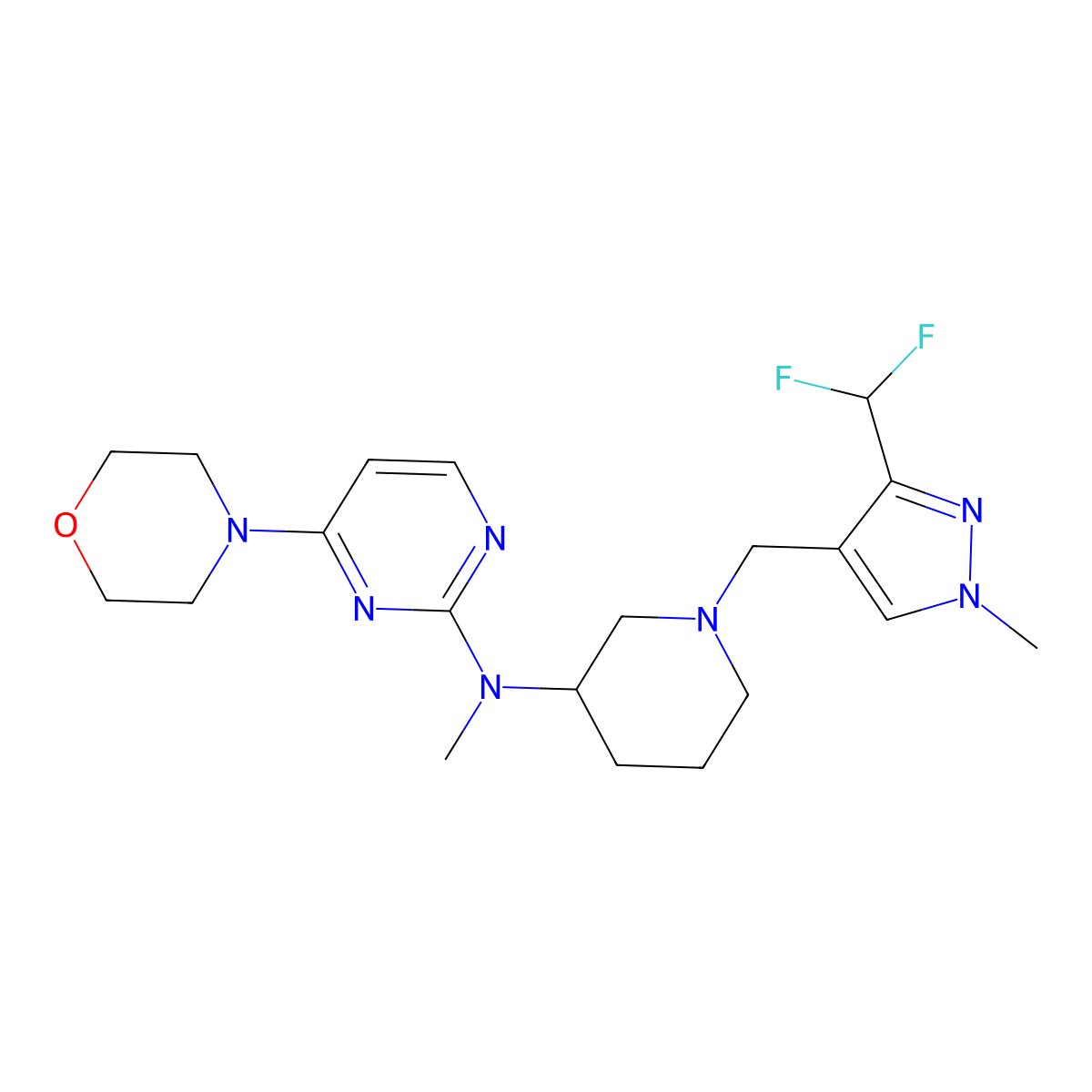 N-[1-[[3-(difluoromethyl)-1-methylpyrazol-4-yl]methyl]piperidin-3-yl]-N-methyl-4-morpzin-4-ylpyrimidin-2-amine molecular structure, CAS 3054604-79-1