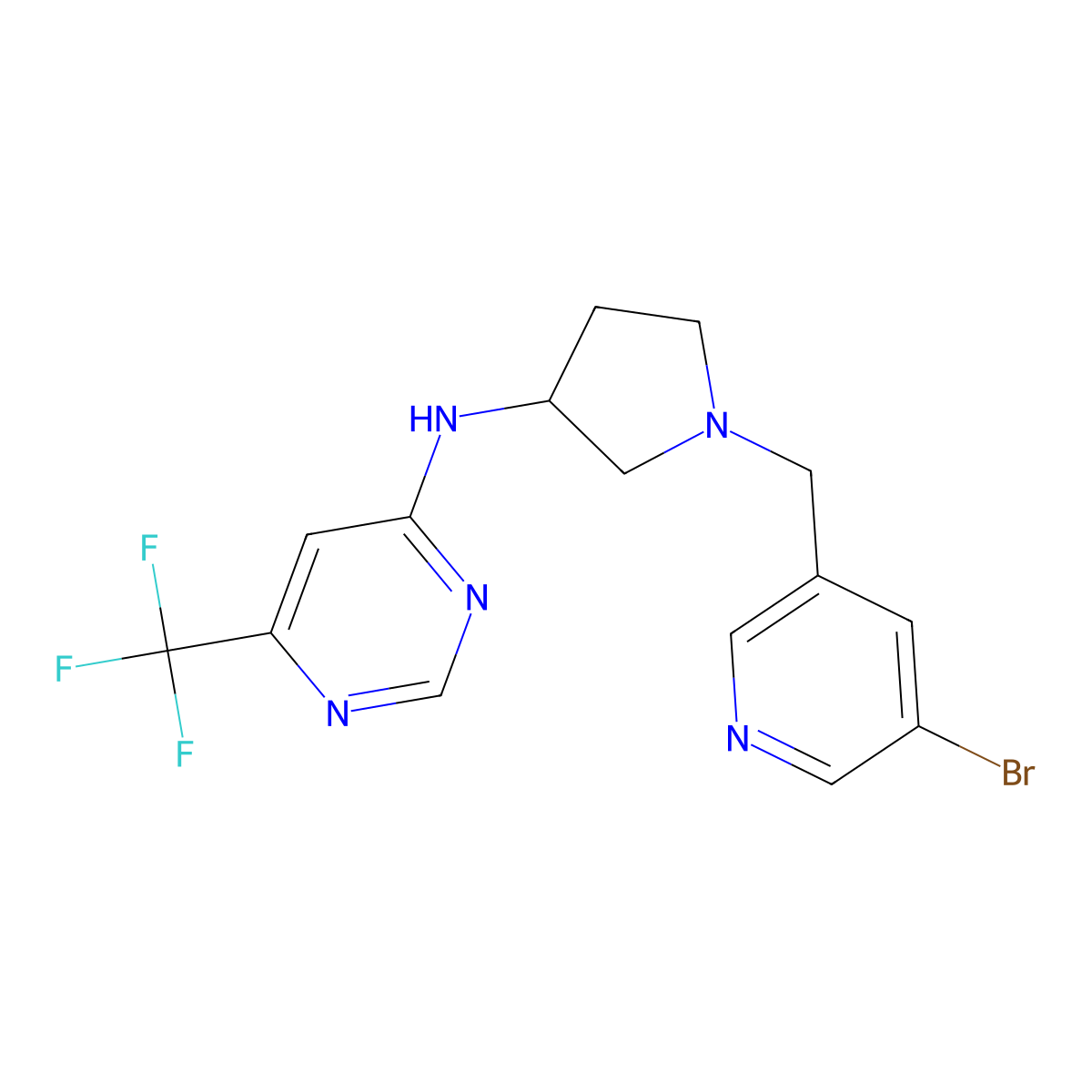 N-[1-[(5-bromopyridin-3-yl)methyl]pyrrolidin-3-yl]6-(trifluoromethyl)pyrimidin-4-amine molecular structure, CAS 3054604-80-4