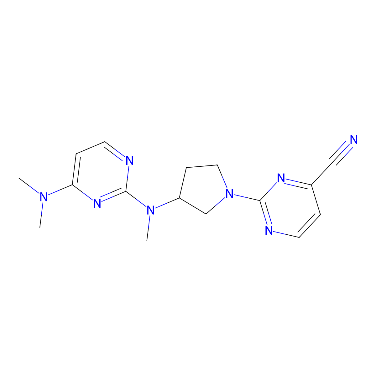 2-(3-{[4-(Dimethylamino)pyrimidin-2-yl](methyl)amino}pyrrolidin-1-yl)pyrimidine-4-carbonitrile molecular structure, CAS 3054604-82-6