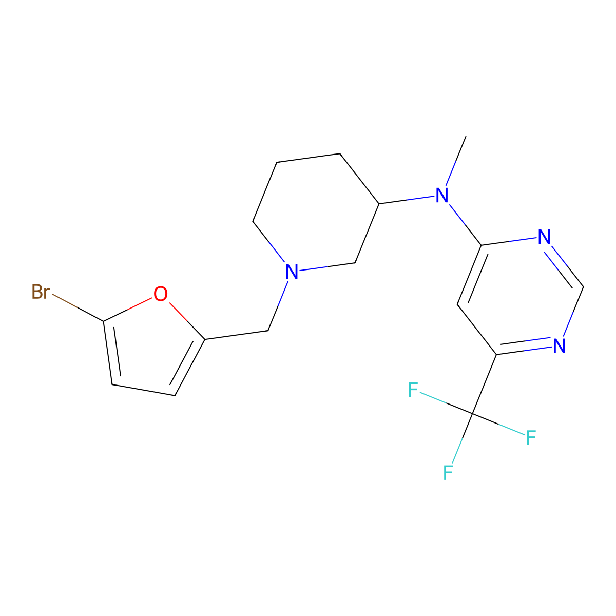 N-{1-[(5-bromofuran-2-yl)methyl]piperidin-3-yl}-N-methyl-6-(trifluoromethyl)pyrimidin-4-amine molecular structure, CAS 3054604-88-2