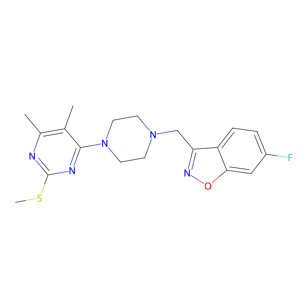 3-({4-[5,6-Dimethyl-2-(methylsulfanyl)pyrimidin-4-yl]piperazin-1-yl}methyl)-6-fluoro-1,2-benzoxazole molecular structure, CAS 3054604-89-3