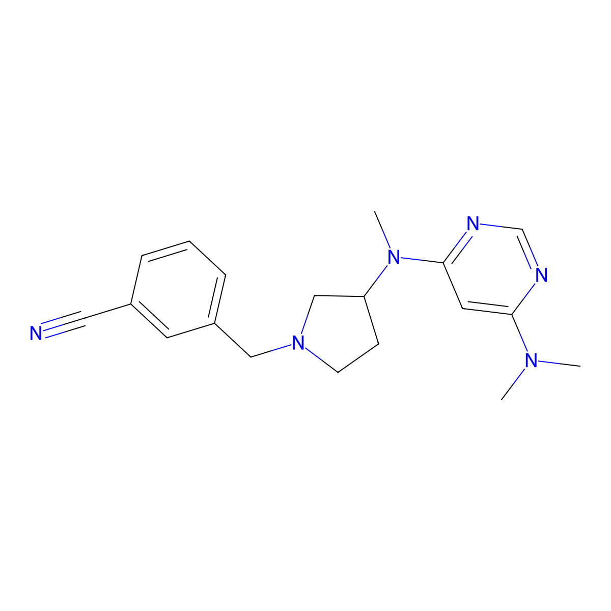 3-[(3-{[6-(Dimethylamino)pyrimidin-4-yl](methyl)amino}pyrrolidin-1-yl)methyl]benzonitrile molecular structure, CAS 3054604-91-7