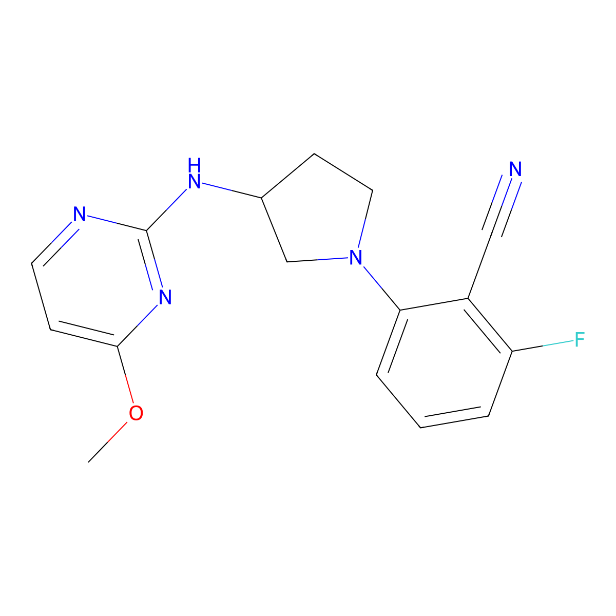 2-Fluoro-6-[3-[(4-methoxypyrimidin-2-yl)amino]pyrrolidin-1-yl]benzonitrile molecular structure, CAS 3054604-96-2
