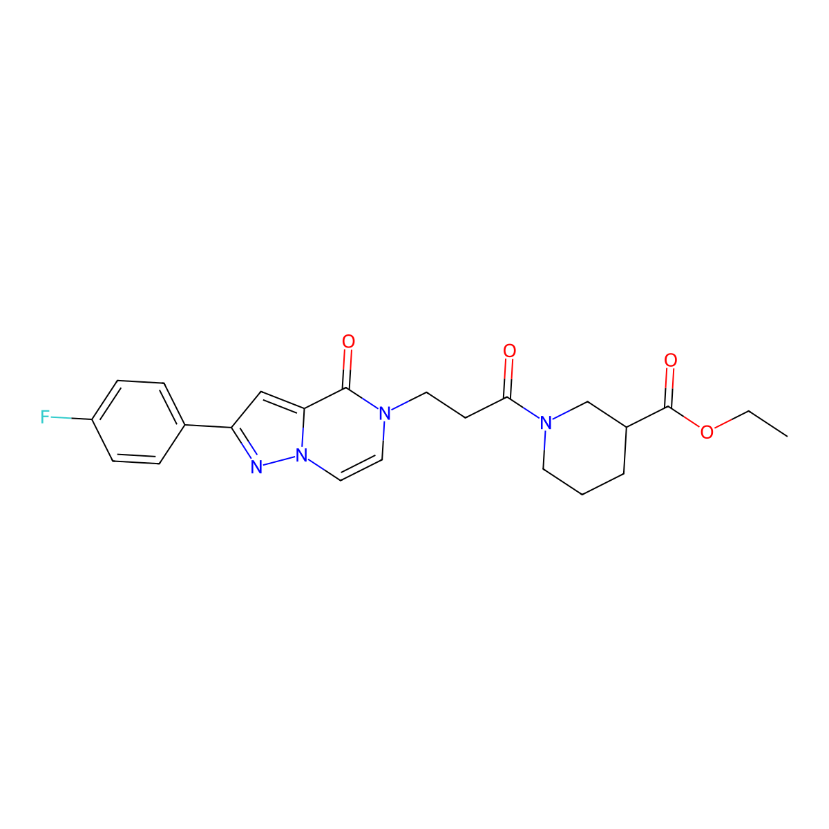 ethyl 1-{3-[2-(4-fluorophenyl)-4-oxo-4H,5H-pyrazolo[1,5-a]pyrazin-5-yl]propanoyl}piperidine-3-carboxylate molecular structure, CAS 3054604-99-5