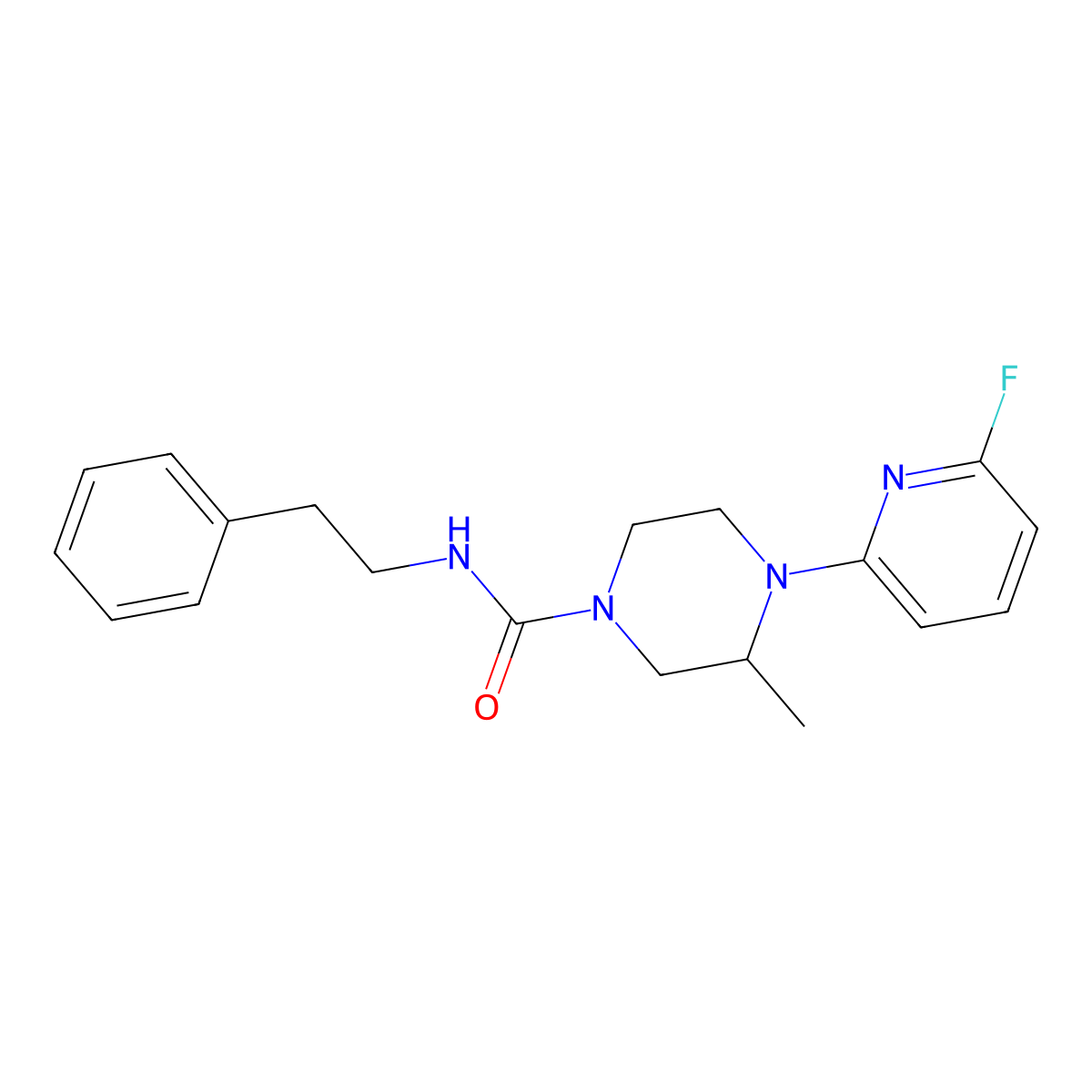 4-(6-fluoropyridin-2-yl)-3-methyl-N-(2-phenylethyl)piperazine-1-carboxamide molecular structure, CAS 3054605-07-8