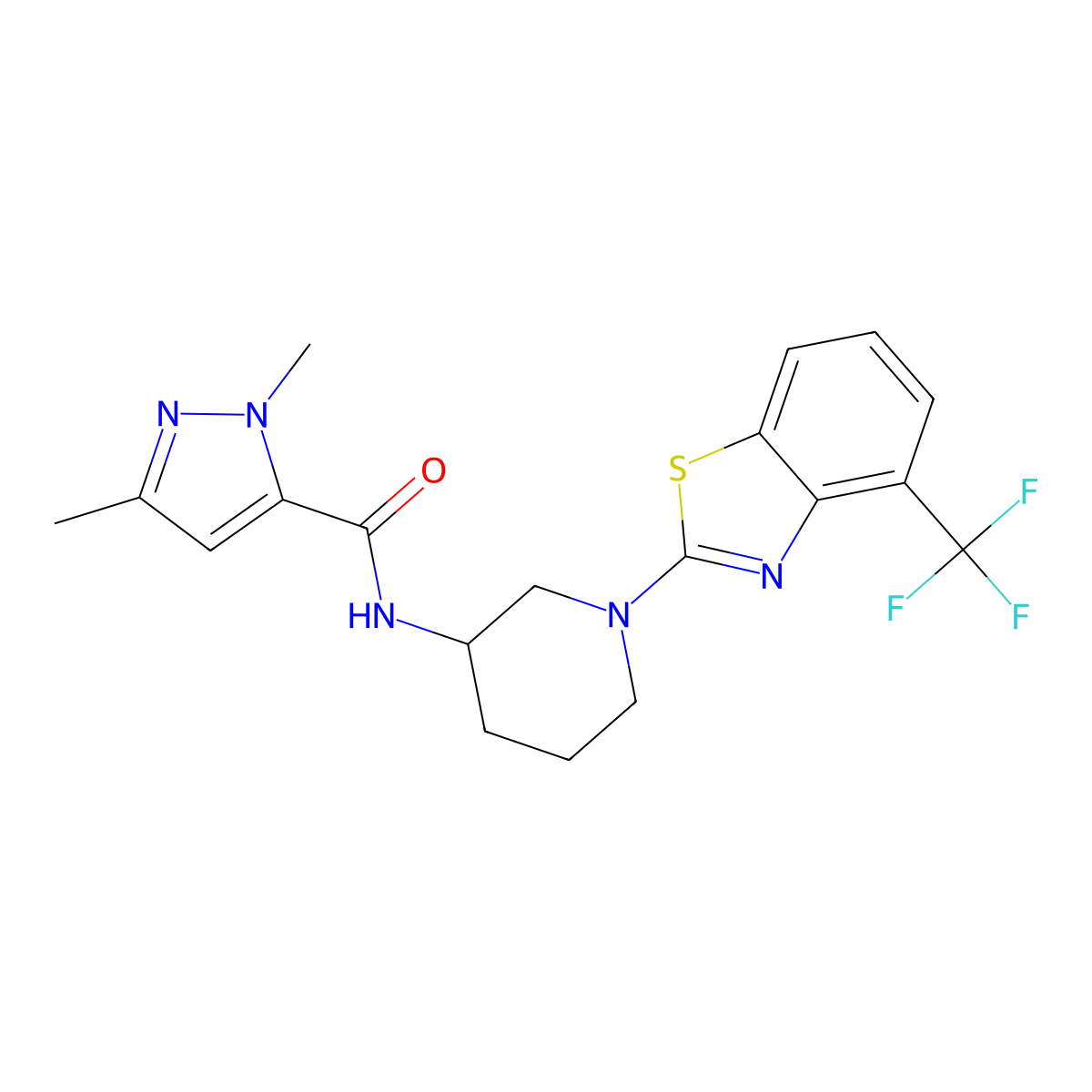 1,3-dimethyl-N-{1-[4-(trifluoromethyl)-1,3-benzothiazol-2-yl]piperidin-3-yl}-1H-pyrazole-5-carboxamide molecular structure, CAS 3054605-08-9