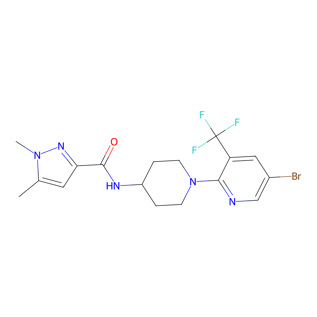N-{1-[5-bromo-3-(trifluoromethyl)pyridin-2-yl]piperidin-4-yl}-1,5-dimethyl-1H-pyrazole-3-carboxamide molecular structure, CAS 3054605-11-4