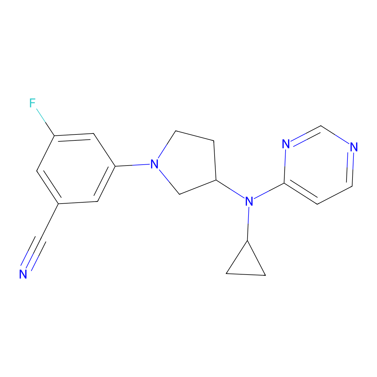 3-{3-[Cyclopropyl(pyrimidin-4-yl)amino]pyrrolidin-1-yl}-5-fluorobenzonitrile molecular structure, CAS 3054605-13-6