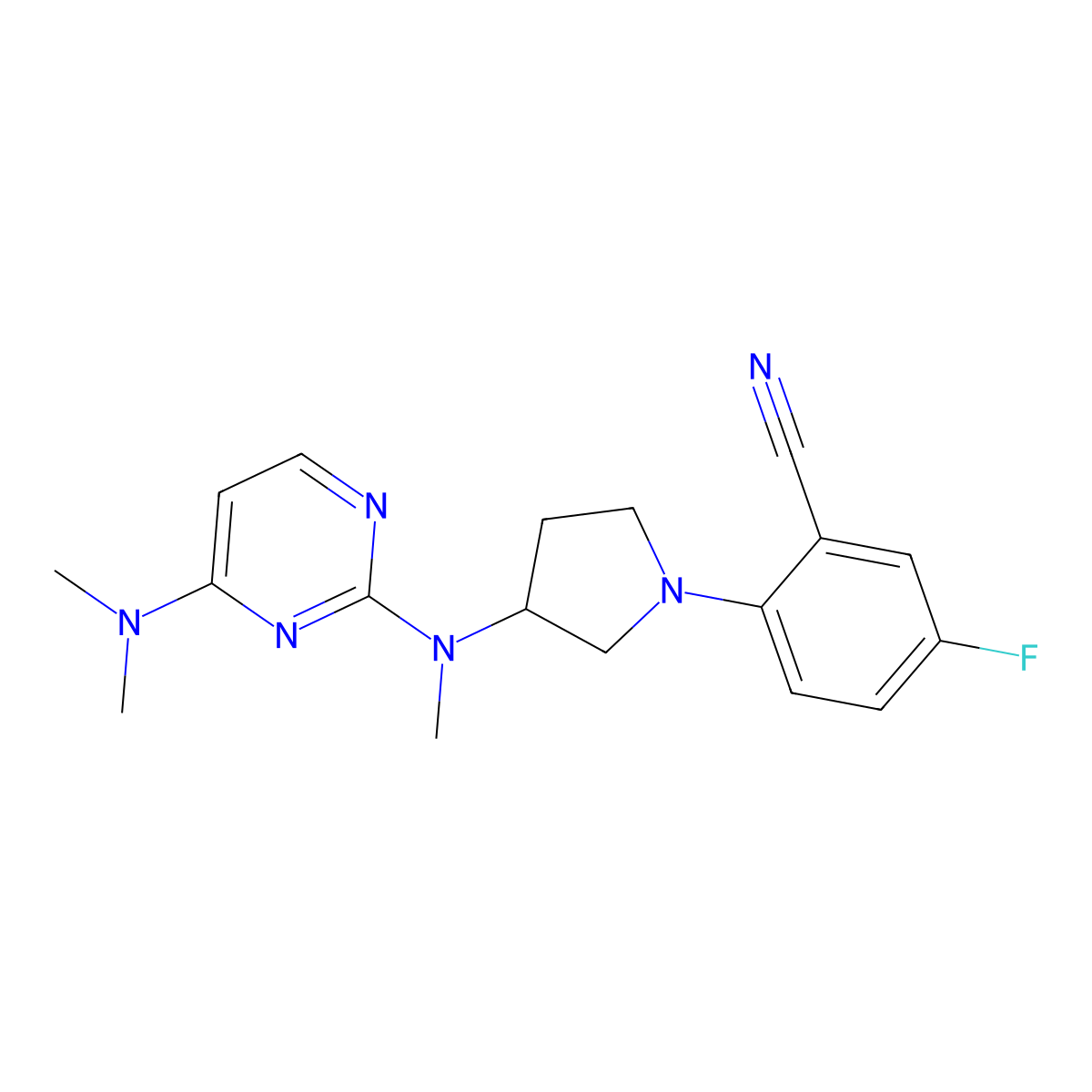 2-(3-{[4-(Dimethylamino)pyrimidin-2-yl](methyl)amino}pyrrolidin-1-yl)-5-fluorobenzonitrile molecular structure, CAS 3054605-14-7