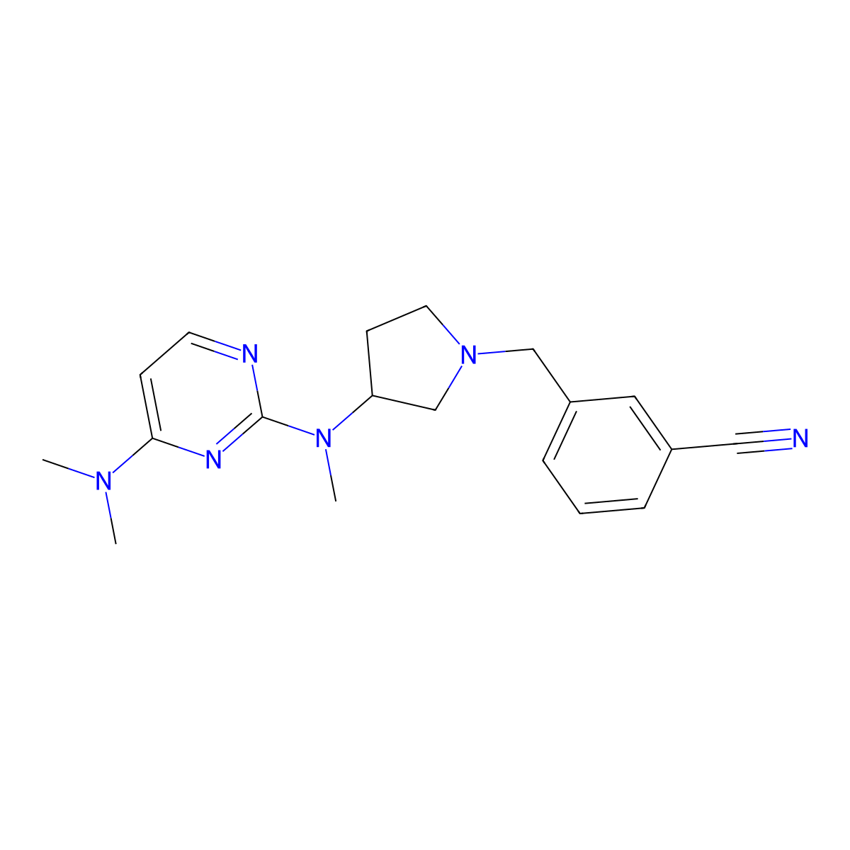 3-[(3-{[4-(Dimethylamino)pyrimidin-2-yl](methyl)amino}pyrrolidin-1-yl)methyl]benzonitrile molecular structure, CAS 3054605-16-9