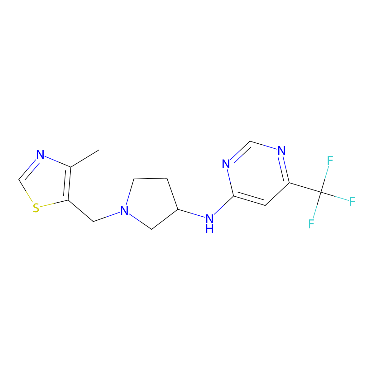N-[1-[(4-methyl-1,3-thiazol-5-yl)methyl]pyrrolidin-3-yl]-6-(trifluoromethyl)pyrimidin-4-amine molecular structure, CAS 3054605-30-7